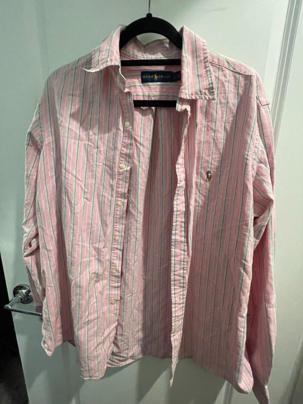 Ralph Lauren Long Sleeve Button Down Pink Green Striped Shirt in Men's Large